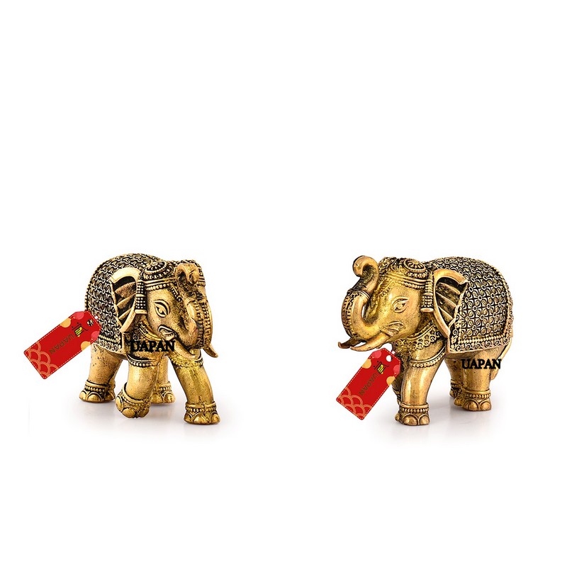 UAPAN Brass Elephant Idol Figurine Set for The Symbol of Fertility and Family Harmony (Medium, Pack of 2)