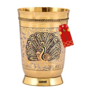 UAPAN Pure Brass Glass Tumbler, Embossed Peacock Design, for Drinking Water, Yoga, Ayurveda (1, Peacock Design)