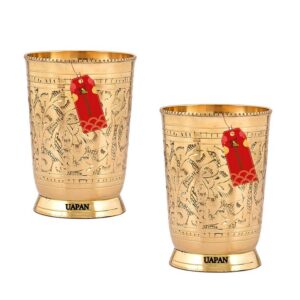UAPAN Pure Brass Glass Tumbler, Embossed Flower Design, for Drinking Water, lassi Glass, Yoga, Ayurveda (2, Flower Design)