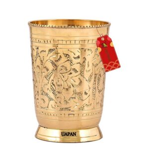 UAPAN Pure Brass Glass Tumbler, Flower Design, for Drinking Water, Yoga, Ayurveda (1, Flower Design)