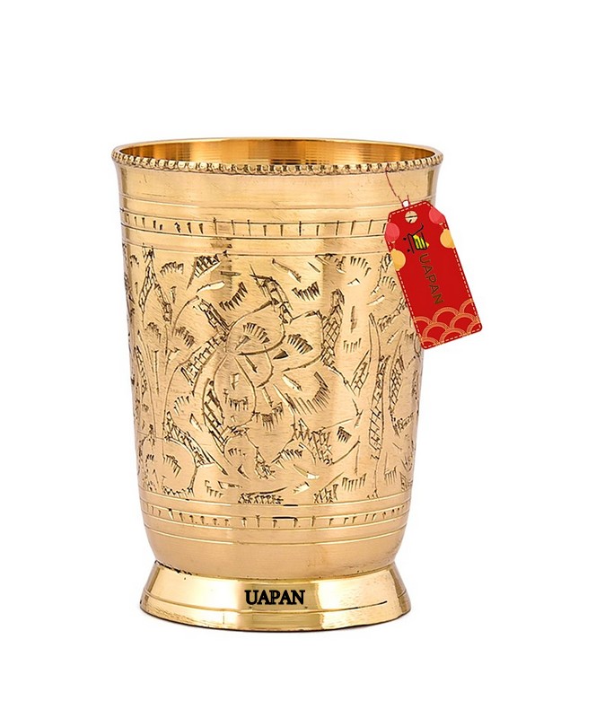 UAPAN Pure Brass Glass Tumbler, Flower Design, for Drinking Water, Yoga, Ayurveda (1, Flower Design)