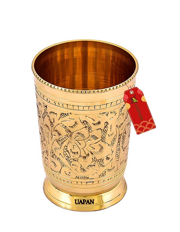 UAPAN Pure Brass Glass Tumbler, Flower Design, for Drinking Water, Yoga, Ayurveda (1, Flower Design)