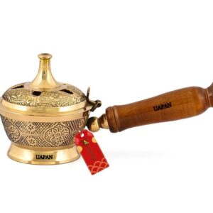 UAPAN Brass Incense Burner with Wooden Handle, Akhand Aarti Diya, Temple Prayer Burner for Sambrani Dhoop Bakhoor Loban, Decorative Design (Brass Butler)